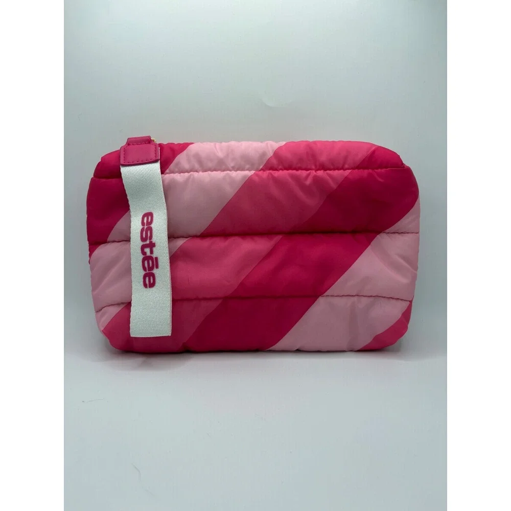 Estee Lauder Pink‎ Puffer Makeup Bag Quilted Striped Recycled Wristlet Pouch